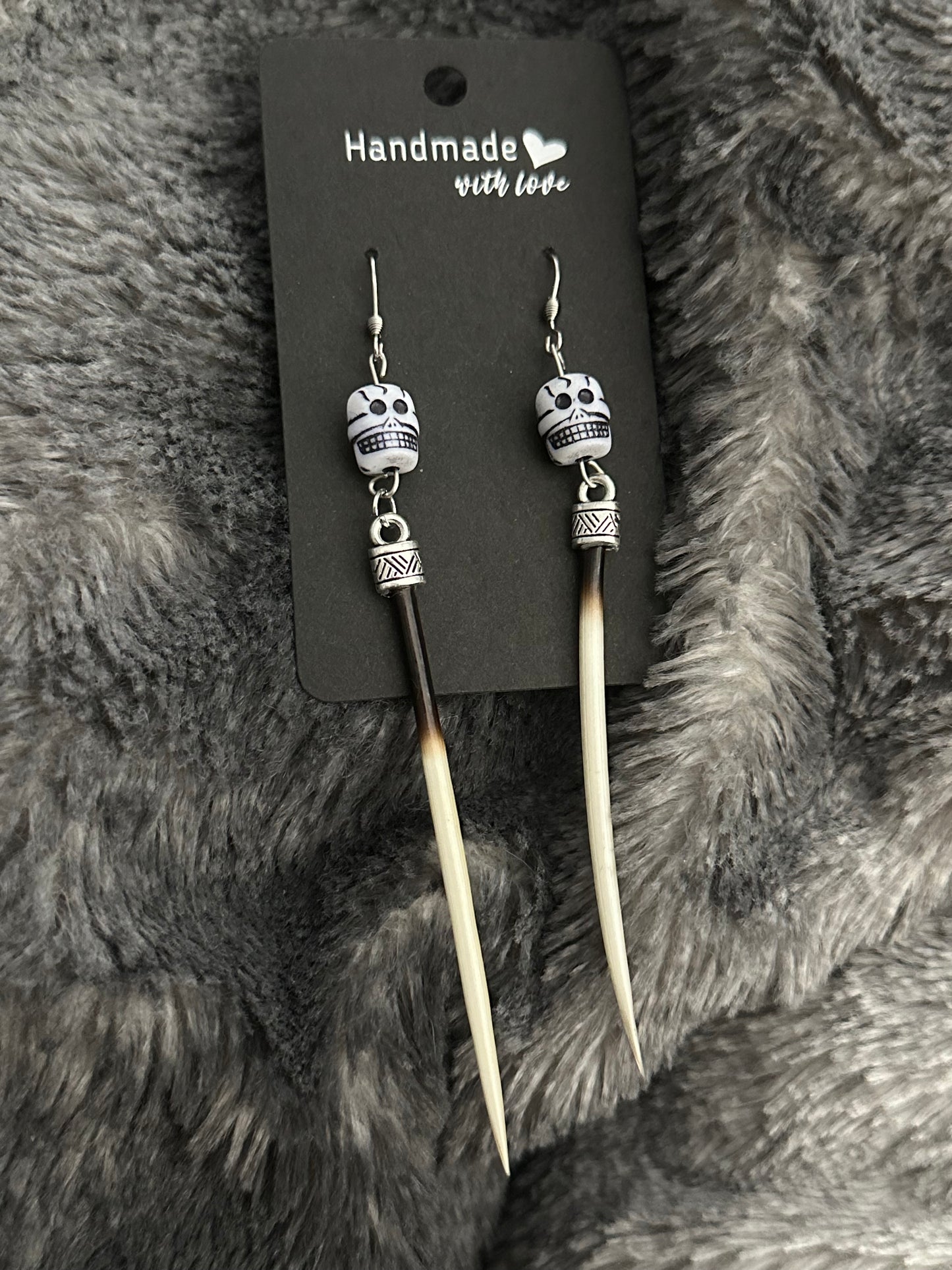 Porcupine Quill Skull Earrings