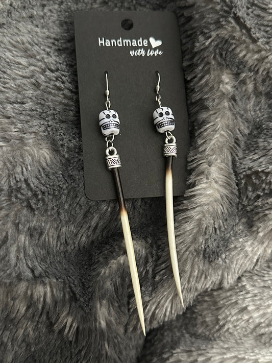 Porcupine Quill Skull Earrings
